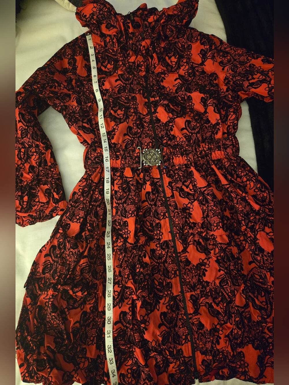 Jerry T Red Black Damask Floral Pattern Belted Tunic Dress Size Medium NWT - Picture 10 of 11